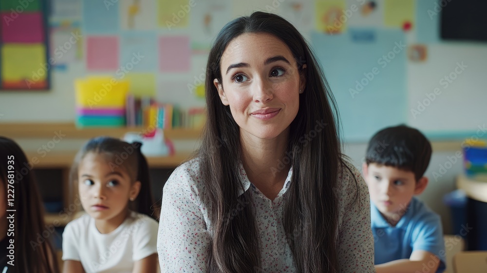 Female teacher engaging with preschool students in a vibrant classroom setting fostering a nurturing learning environment. Female teacher engaging with preschool students in a vibrant classroom setting fostering a nurturing learning environment.