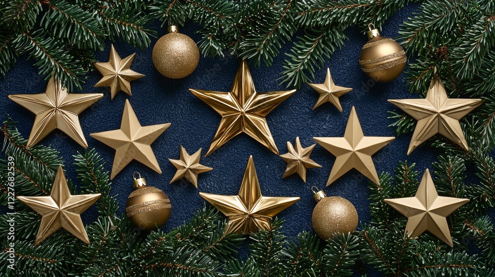 A Christmas frame with a top border composed of fir tree branches, golden stars, and decorative balls, set against a blue background. Flat lay, top view, with space for text.