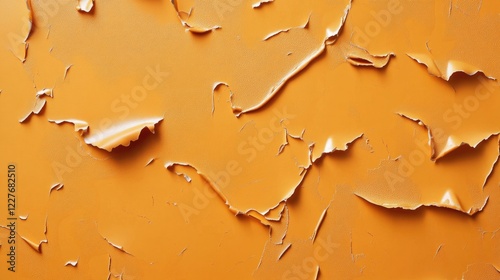 Textured orange wallpaper with peeling and damaged patches showcasing a vintage, distressed aesthetic for interior design concepts. photo