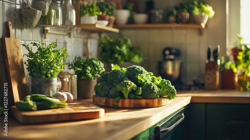 Fresh organic broccoli on a wooden countertop surrounded by kitchen herbs in a sunlit, green-themed kitchen setting. photo