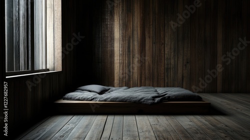 Minimalist wooden bedroom design with simple furniture and natural light highlighting a tranquil and serene atmosphere for relaxation.