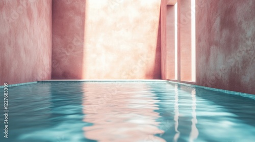 Serene swimming pool interior with soft pastel walls and tranquil water reflections in a modern architectural setting