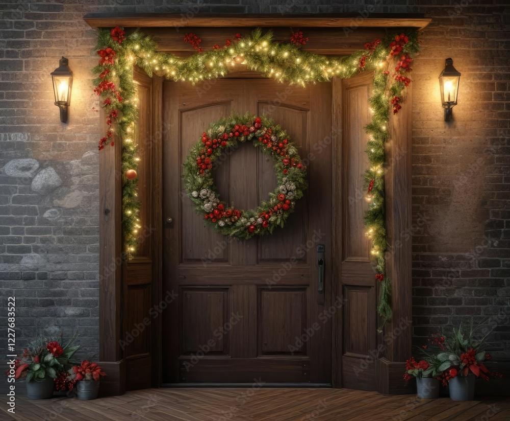 Fototapeta premium Glittering festive garlands and wreaths on a rustic door, rustic door, wintery ambiance
