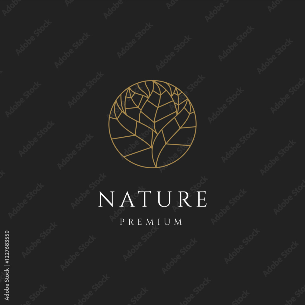 natural leaf logo in circle shape with gold color line art design style natural leaf logo in circle shape with gold color line art design style