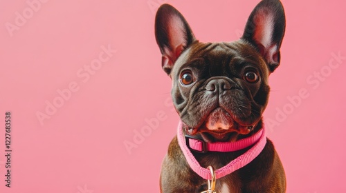 Pet models displaying stylish accessories with vibrant leashes against a pink backdrop. Perfect for pet fashion and accessory promotions. photo