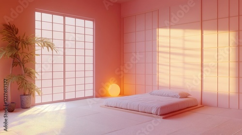 Serene Japanese bedroom with minimalist design soft peach tones sliding doors and tatami flooring illuminated by natural daylight