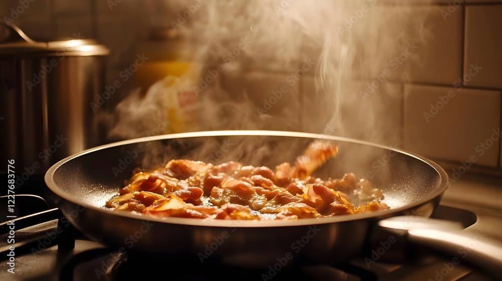 A steaming pan of cooking food on a stove, creating a warm, inviting atmosphere. A steaming pan of cooking food on a stove, creating a warm, inviting atmosphere.