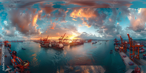 Port at sunset with ships and cranes unloading cargo
