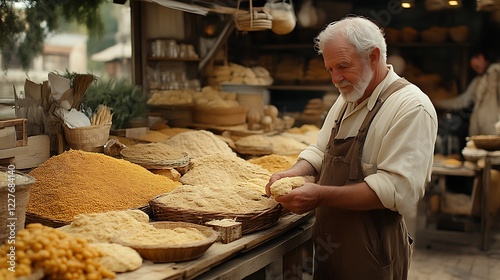 Market stall with a merchant examining grain in a rustic old time setting scene