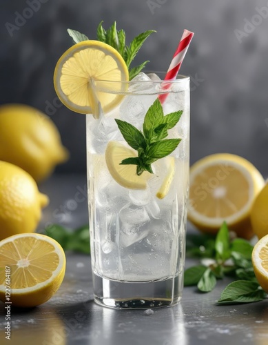 Glass filled with icy cold lemon longdrink garnished with sprigs of peppermint , lemon, drink photo