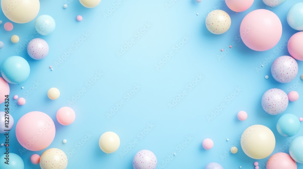Pastel balloons arranged in a circular pattern on a bright blue background with ample empty space for text or design elements Pastel balloons arranged in a circular pattern on a bright blue background with ample empty space for text or design elements