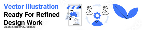 Designer drawing on tablet, gear system symbolizing collaboration, and sprouting leaf for growth. Ideal for creativity, innovation, teamwork, design, productivity, development flat landing page