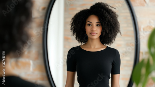 woman standing confidently in front of mirror, practicing self empowerment