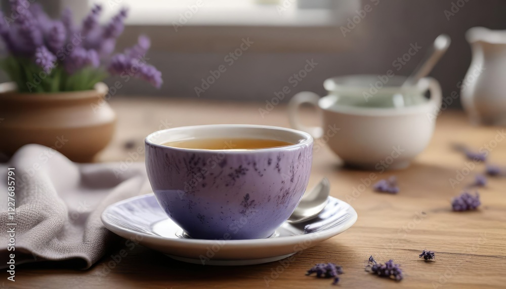 Small ceramic cup filled with a soothing cup of tea infused with the scent of lavender, fragrant, plant Small ceramic cup filled with a soothing cup of tea infused with the scent of lavender, fragrant, plant