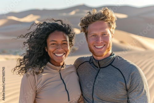 Portrait of a joyful mixed race couple in their 20s showing off a lightweight base layer isolated in backdrop of desert dunes photo