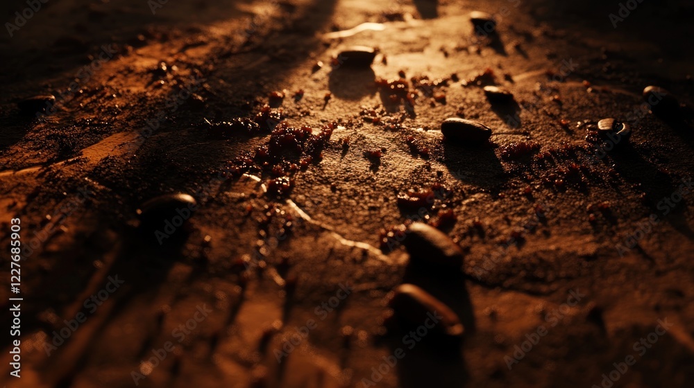 Golden sunset illuminates pebbles and sand Golden sunset illuminates pebbles and sand