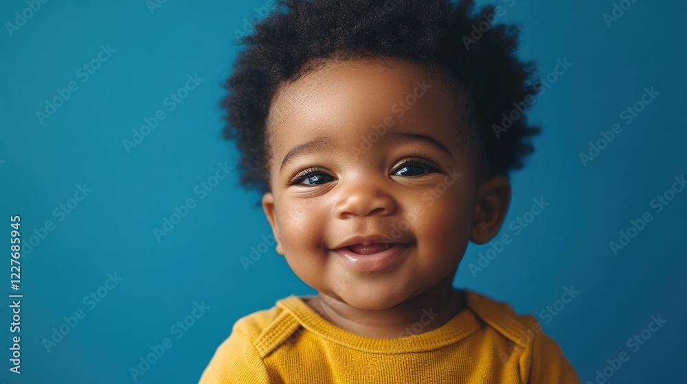 Happy baby boy with curly hair smiling at camera against a vibrant blue background showcasing innocence and joy in childhood. Happy baby boy with curly hair smiling at camera against a vibrant blue background showcasing innocence and joy in childhood.