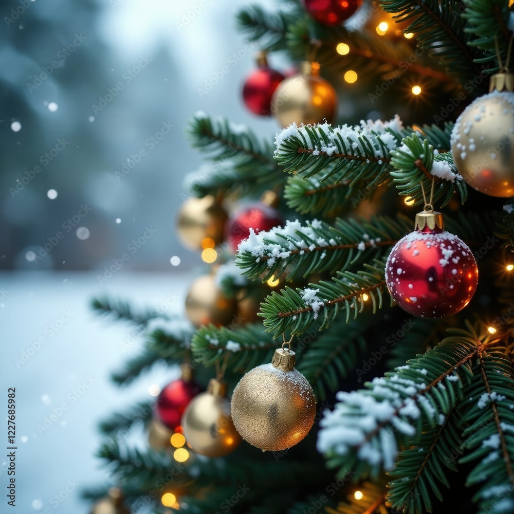 Fir branch arrangement with glittering garlands, icy environment, winter wonderland Fir branch arrangement with glittering garlands, icy environment, winter wonderland