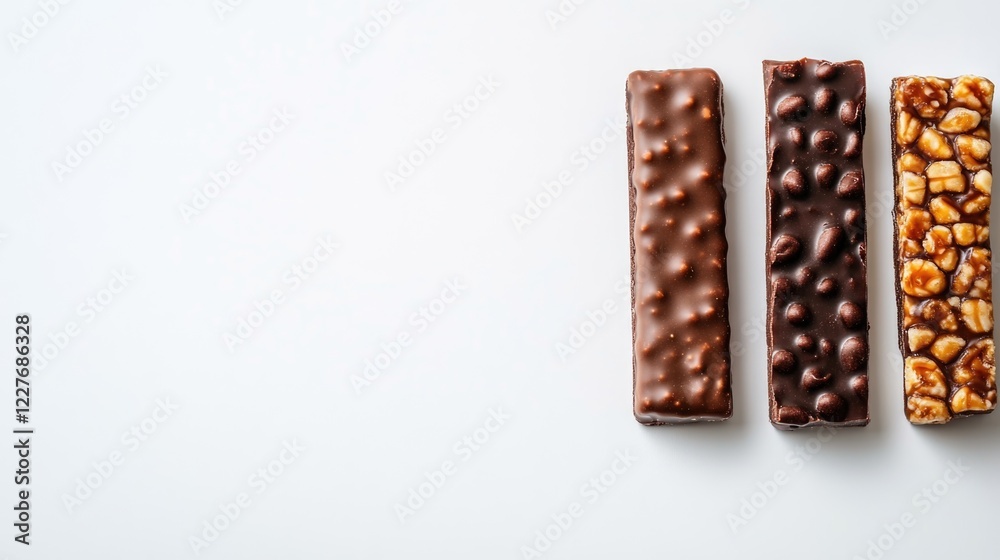 Low calorie diabetic-friendly candy bars on a white background emphasizing insulin management with space for text inclusion Low calorie diabetic-friendly candy bars on a white background emphasizing insulin management with space for text inclusion