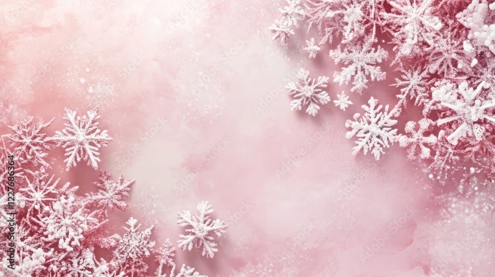 Minimalist pastel winter composition featuring snowflakes and empty space for text ideal for Christmas and New Year themed designs.