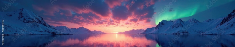 Dark Sky over Fjord with Snowy Mountains at Sunset, snowy mountains, northern lights, cold weather Dark Sky over Fjord with Snowy Mountains at Sunset, snowy mountains, northern lights, cold weather