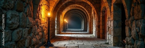 Corridors of weathered stone lined with torches and a sense of age, peaceful, serene, ancient