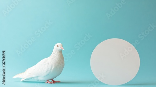 Dove symbolizing peace next to a blank speech bubble on a vibrant background representing communication and tranquility. photo