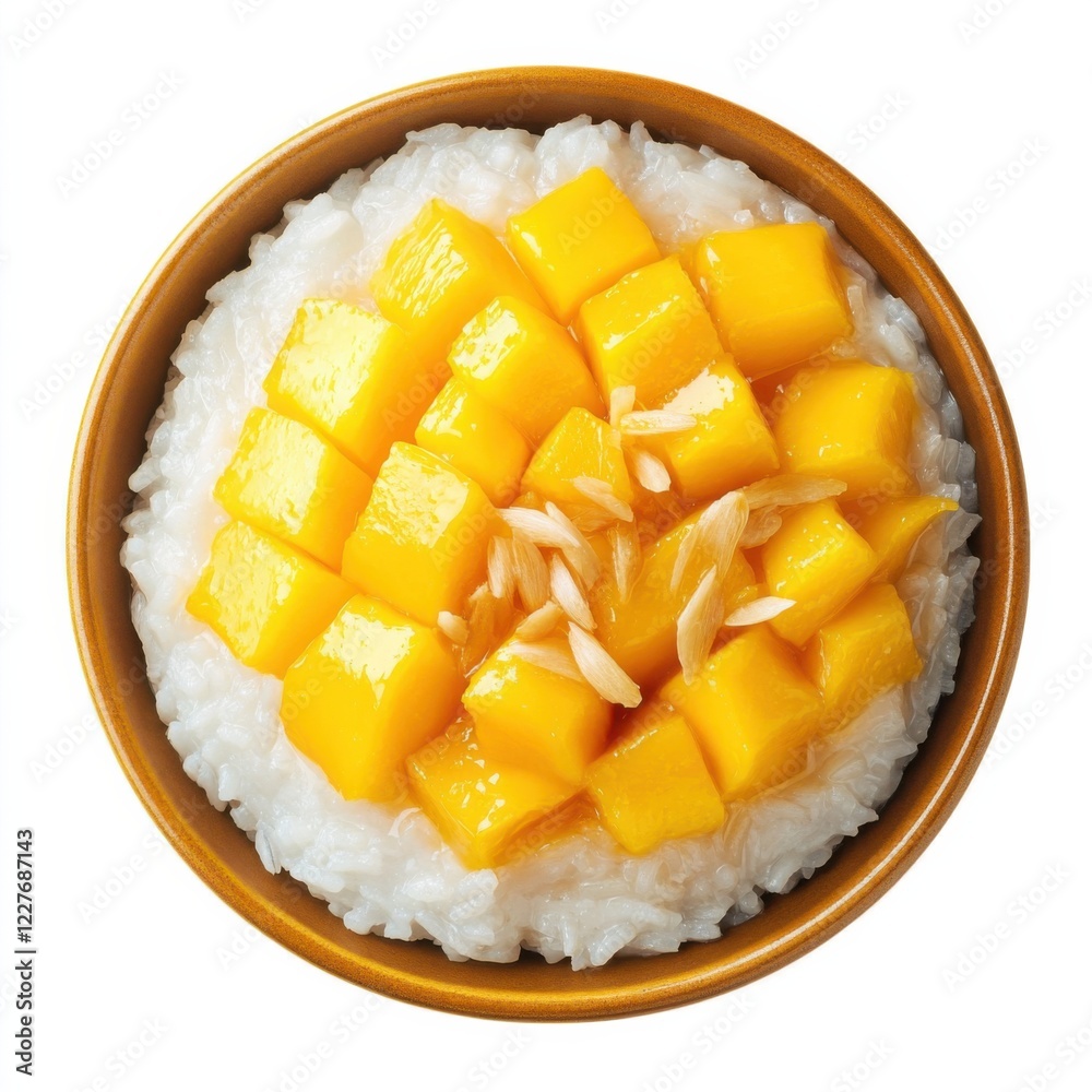 A vibrant mango sticky rice dessert with coconut milk, isolated white background, modernist art style A vibrant mango sticky rice dessert with coconut milk, isolated white background, modernist art style