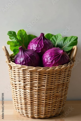 Cabbage and red cabbage in a woven laundry basket, laundry, clothes, jute