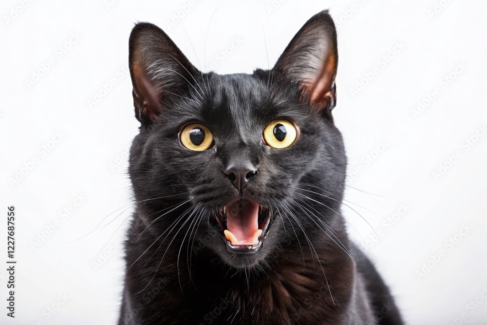 Black Cat Meowing on White Background - Adorable Pet Stock Photo Black Cat Meowing on White Background - Adorable Pet Stock Photo