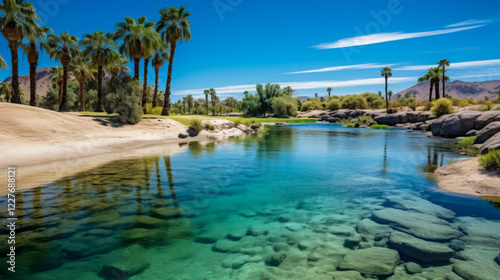 Serene oasis showcases tranquil waters and palm trees in arid desert landscape under clear blue sky