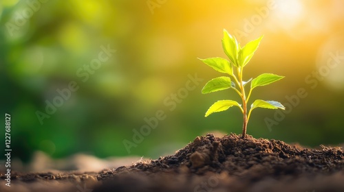 Personal Growth and Investment Strategy Represented by a Young Plant Sprouting in Rich Soil Under Warm Sunlight photo