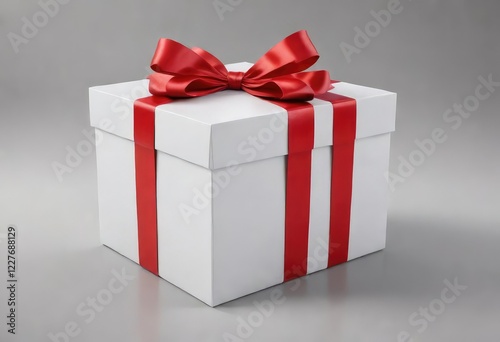 Simple white box with a bright red ribbon tied in a bow on top, ribbon, bow, white box