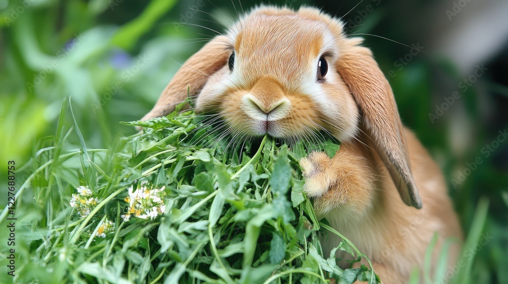 Playful pet rabbit foraging in lush green grass and wildflowers, enjoying a fresh meal in a vibrant natural setting.
