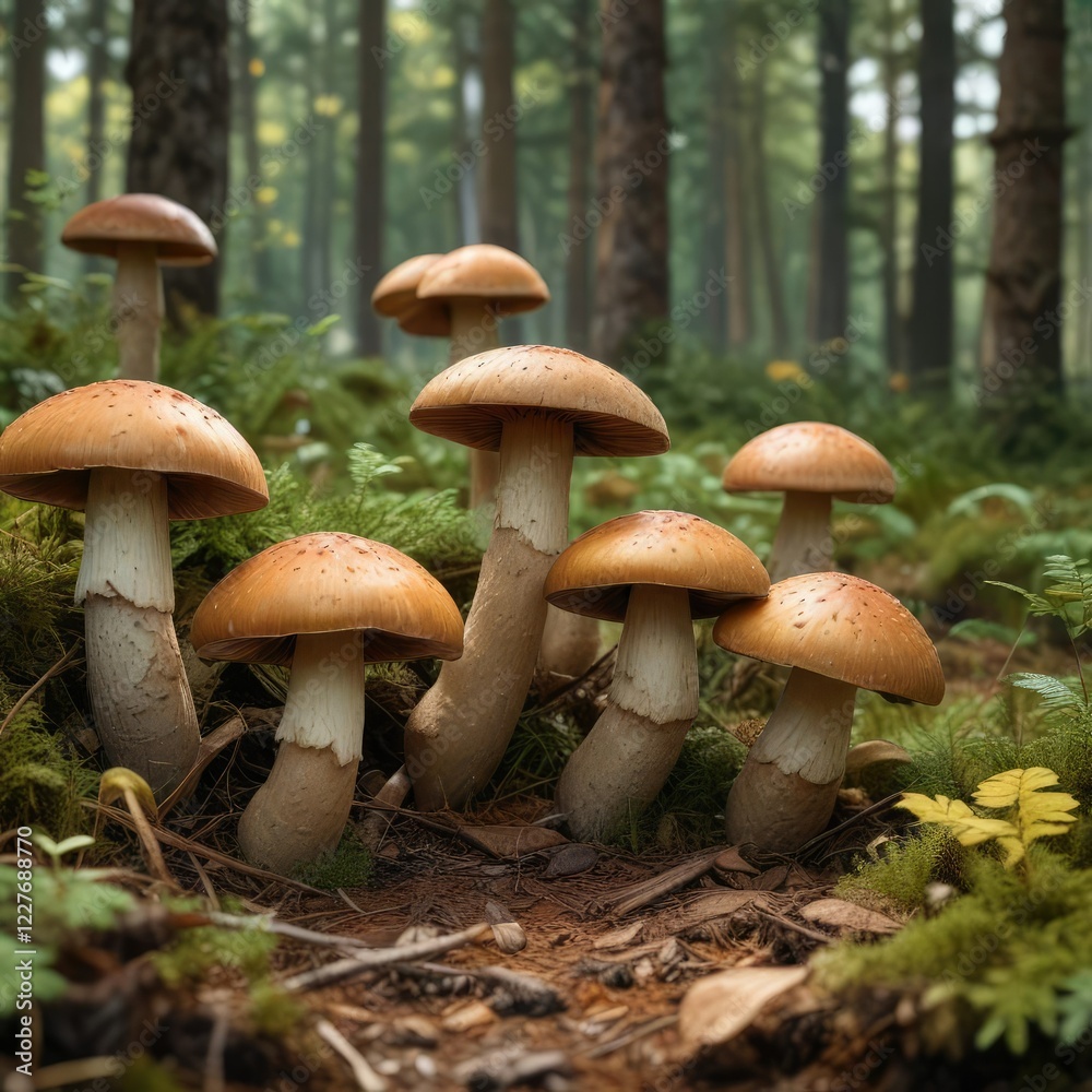 Group of Boletus edulis mushrooms in a forest clearing , group, fungi, woodland habitat Group of Boletus edulis mushrooms in a forest clearing , group, fungi, woodland habitat