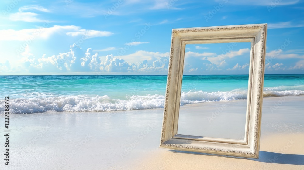 Summer photo frame on beach with beautiful ocean view creating a picturesque photography spot for vacation memories and relaxation. Summer photo frame on beach with beautiful ocean view creating a picturesque photography spot for vacation memories and relaxation.