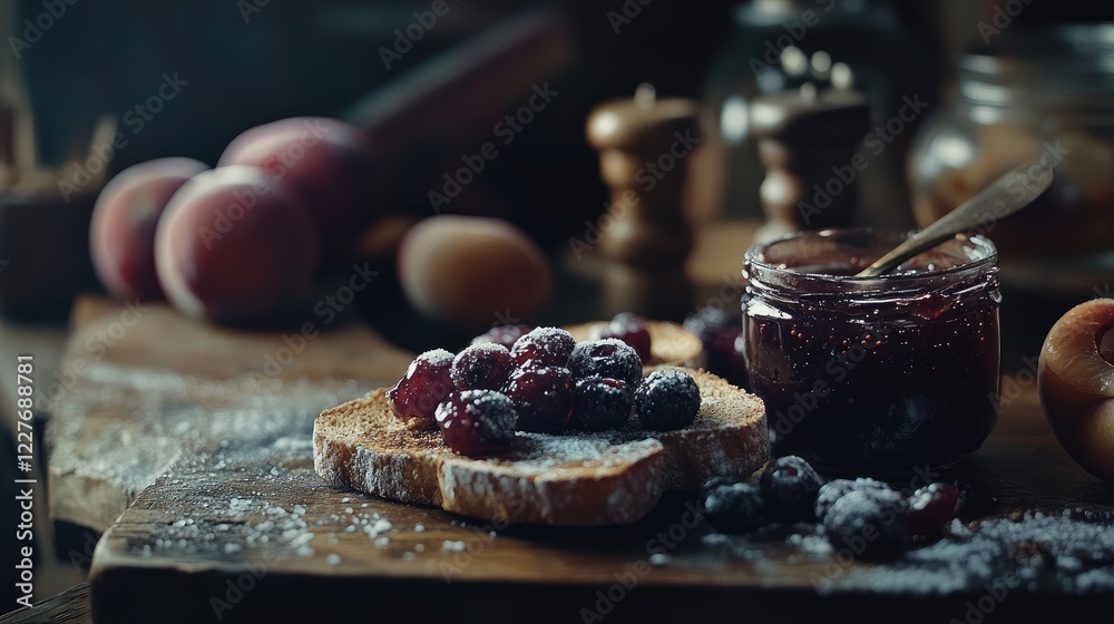 Rustic kitchen setting with organic plum jam on toast garnished with fresh berries and sugar in a warm, inviting atmosphere. Rustic kitchen setting with organic plum jam on toast garnished with fresh berries and sugar in a warm, inviting atmosphere.