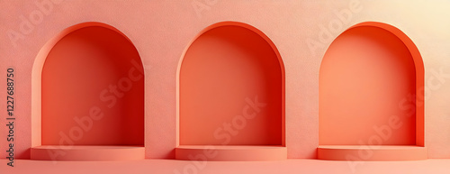 Coral arched niches, product display, minimal backdrop