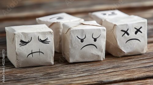 Four small, crumpled, paper cubes with drawn sad faces sit on a rustic wooden surface. The expressions range from mildly unhappy to extremely photo