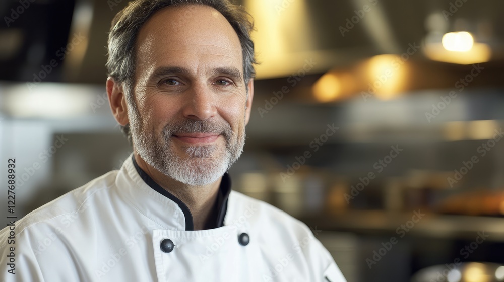 Fototapeta premium Confident mature male chef smiling in professional restaurant kitchen environment with modern equipment and soft lighting ambiance