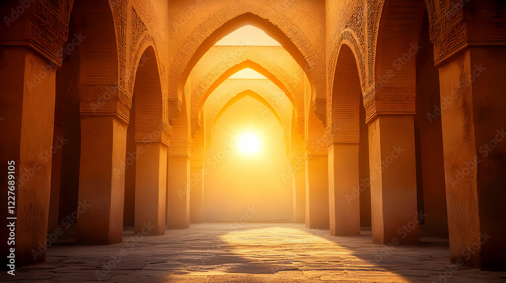 Obraz premium Sunlit arches, mosque hallway, desert, travel poster