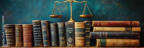 A collection of antique law books arranged neatly on a shelf, accompanied by a golden scale symbolizing justice and balance against a textured blue background.