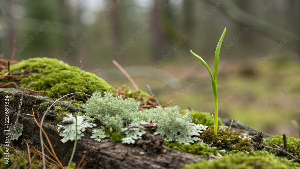 Obraz premium Green shoot pushing through moss and lichen, new shoots, botany, seeds, forest ecology