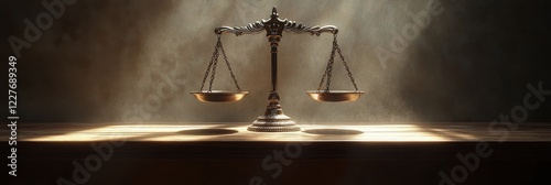 A classic balance scale symbolizing justice and fairness, illuminated by soft light in a dim environment.
