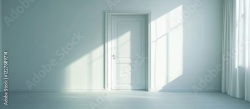 Bright minimalist bedroom featuring natural light and white door with ample empty space for mockups and text placement in modern decor setting