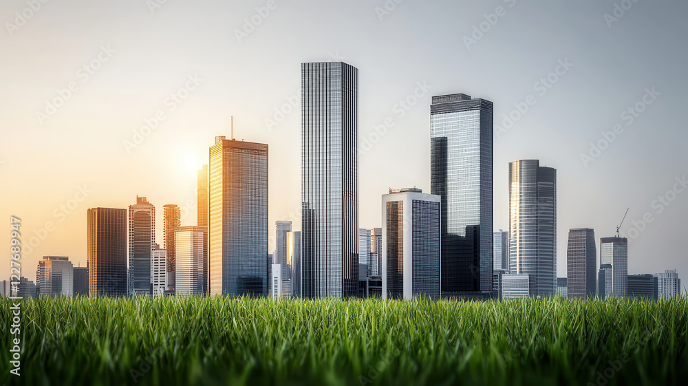 Fototapeta premium Modern city skyline with lush green foreground at sunset