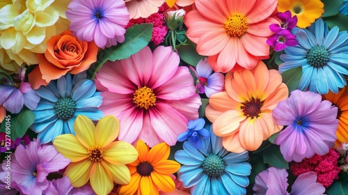 A bouquet of flowers with a variety of colors including pink, yellow, orange