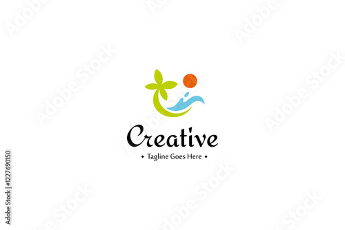 palm tree logo with waves beach summer sun in flat design style