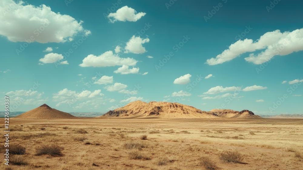 Fototapeta premium Desolate Desert Landscape with Pyramids under Clear Blue Sky and Fluffy Clouds