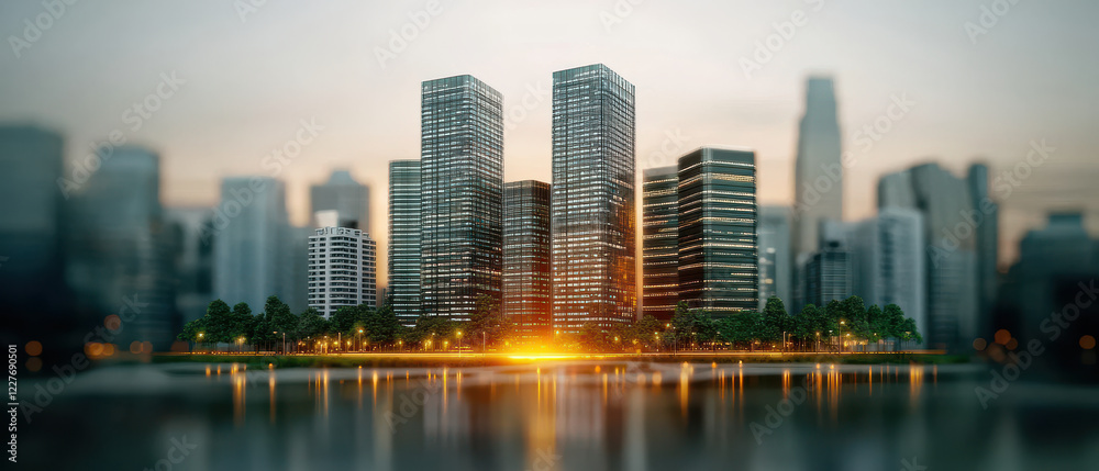 Obraz premium Modern cityscape with skyscrapers reflecting on water at sunset
